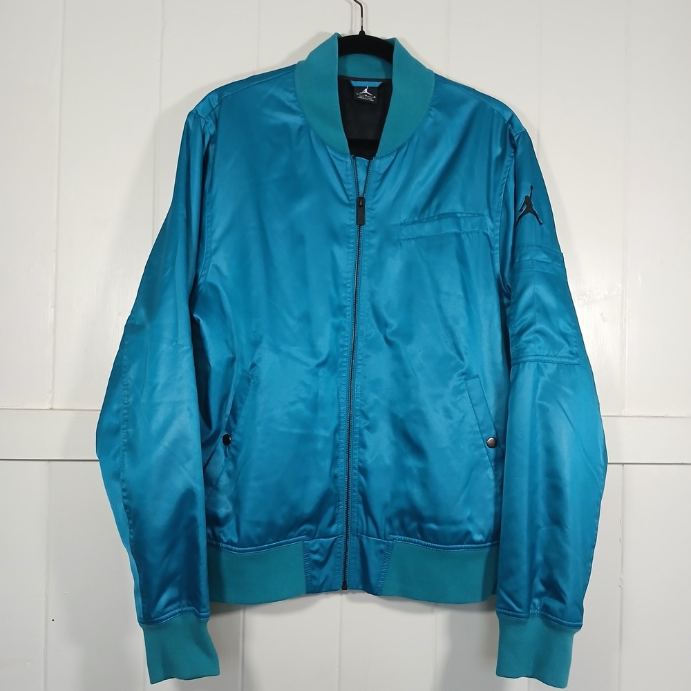 Jordan Satin Bomber Jacket Mens Large Teal Blue Jumpman Varsity 645015-309